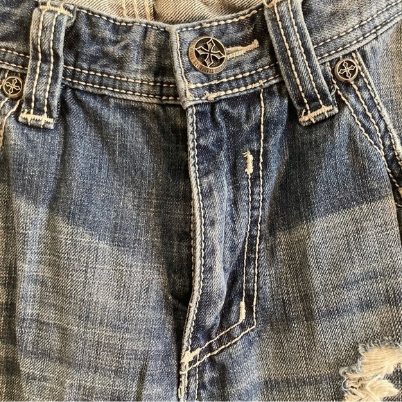 AFFLICTION Sz 33 Cooper Distressed Straight Leg Rubber Logo Patch Jeans - Picture 4 of 16